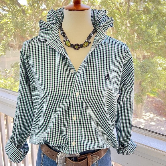 Brooks Brothers Tops - Upcycled Re-worked Brooks Bros Green Navy Micro Check Ruffle Collar Crop Shirt M